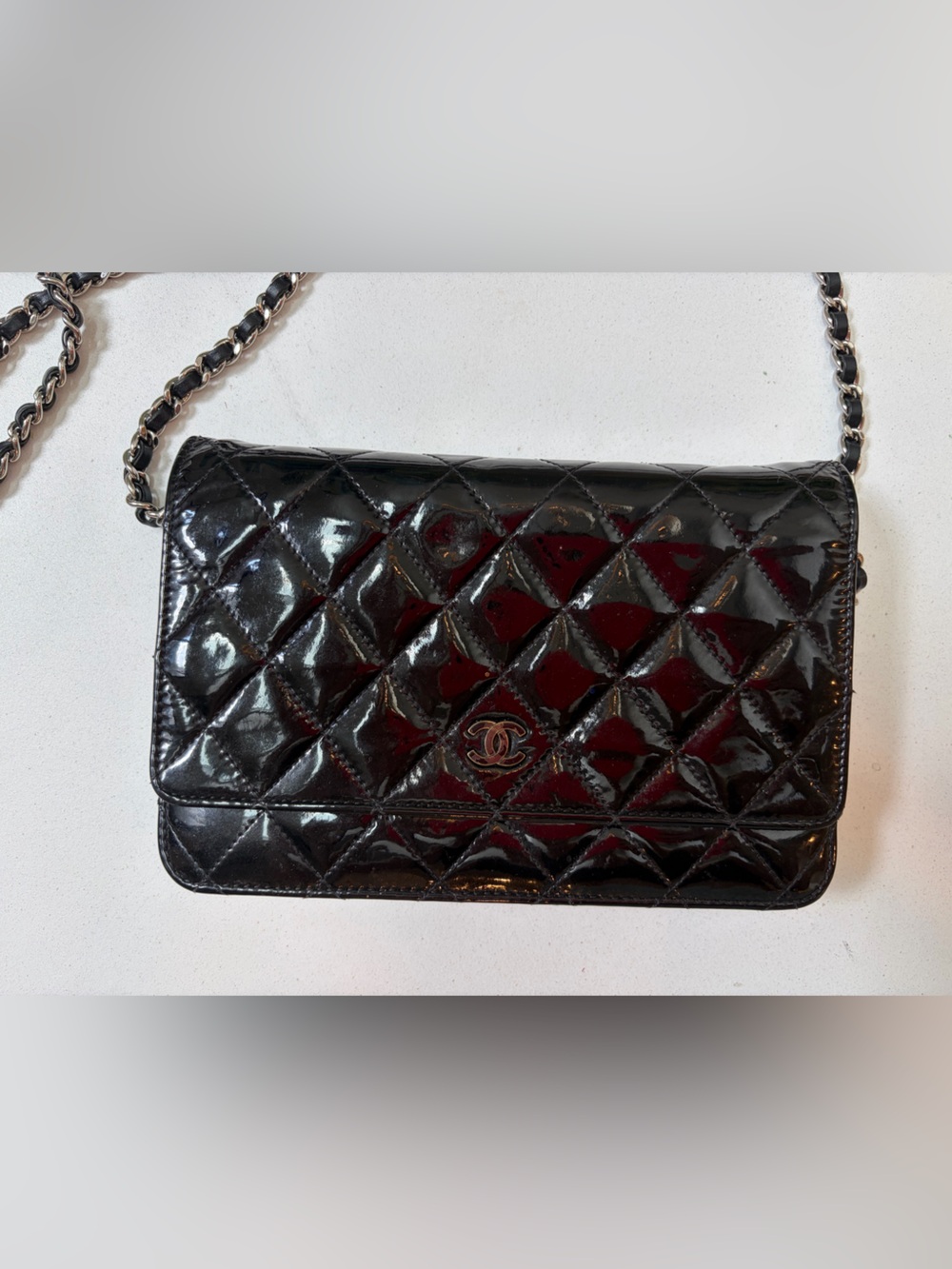 CHANEL Black Quilted Patent Crossbody Wallet with Chain